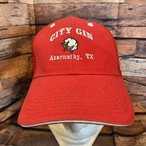 City Gin Abernathy TX Trucker Hat Red Mesh Snapback Cotton Boll Texas Farm